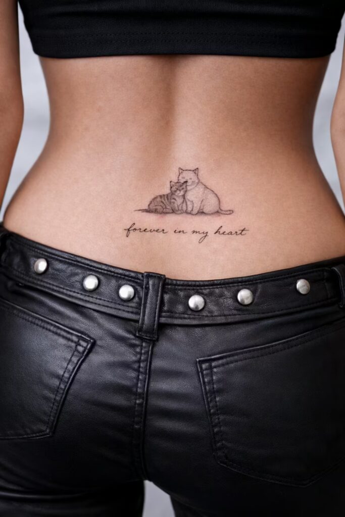 Fine Line Cats Lower Back Tattoo with Script