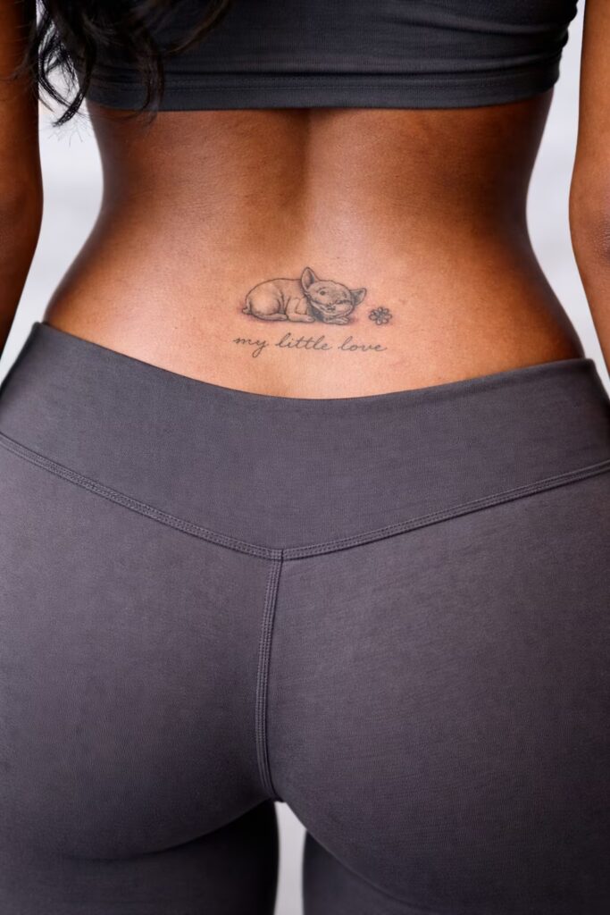 Fine Line French Bulldog Tramp Stamp Tattoo with Script