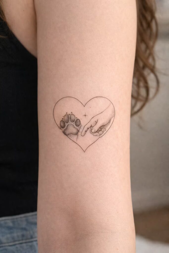 Heart Outline with Paw & Hand Tattoo for Pet Lovers