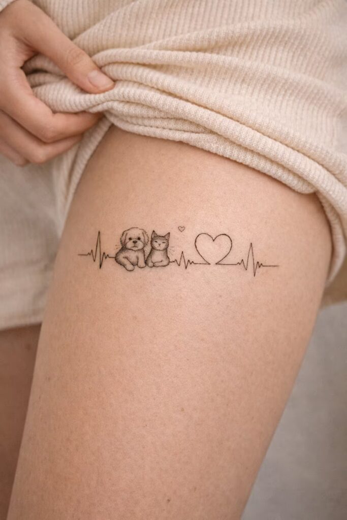 Heartbeat Bond Thigh Meaningful Small Tattoo Idea for a Pet Lover
