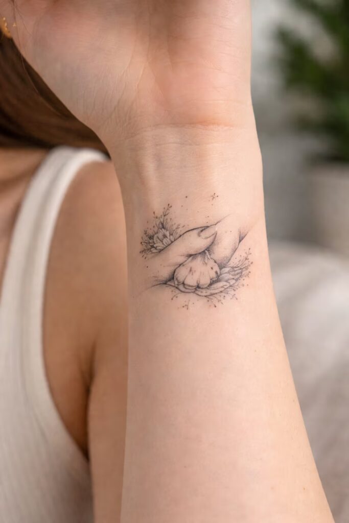 Human Hand Holding Paw Meaningful Fine Line Tiny Tattoo