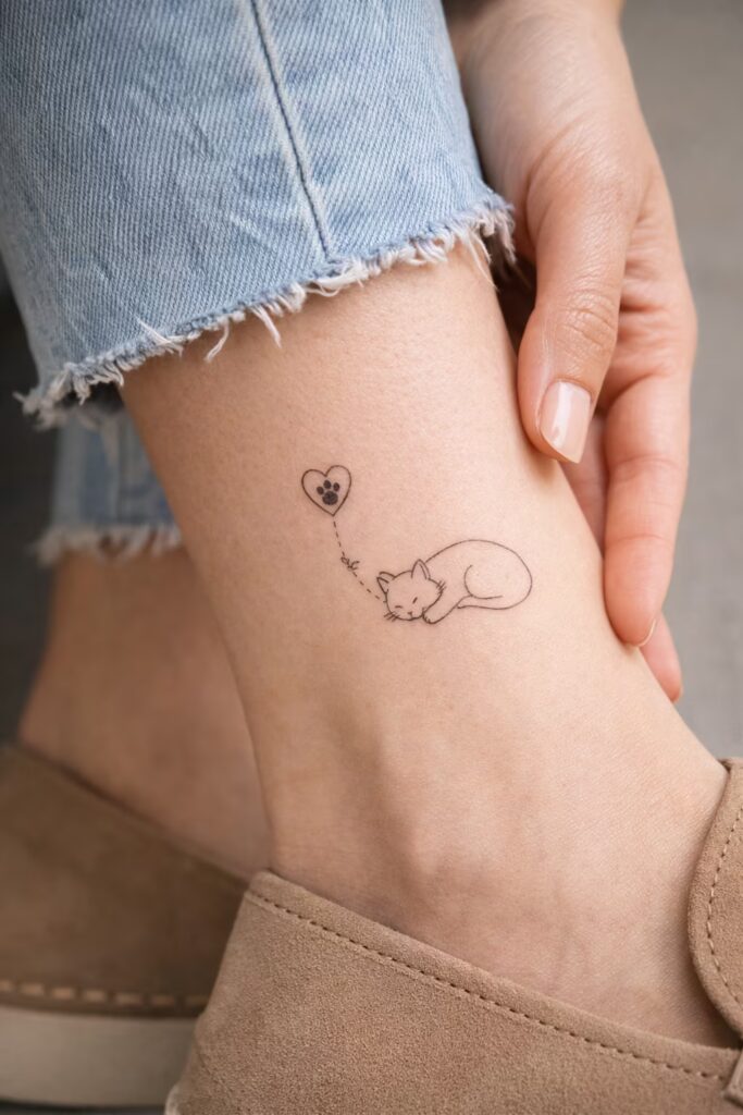Sleeping Cat Fine Line Tiny Tattoo