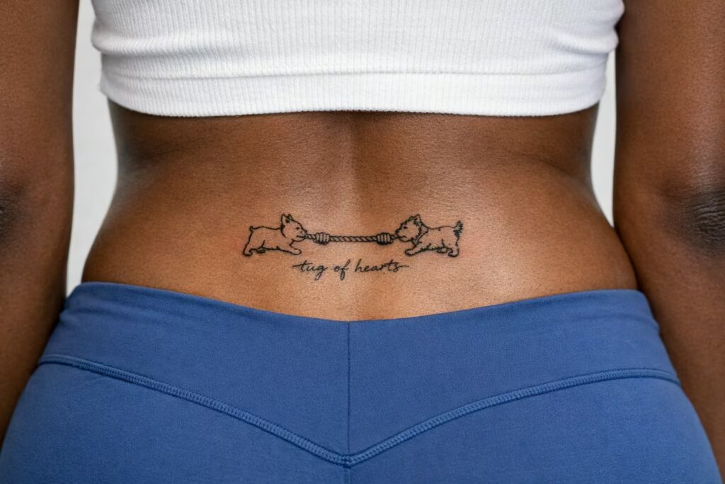 Tug of Hearts Lower Back Tattoo