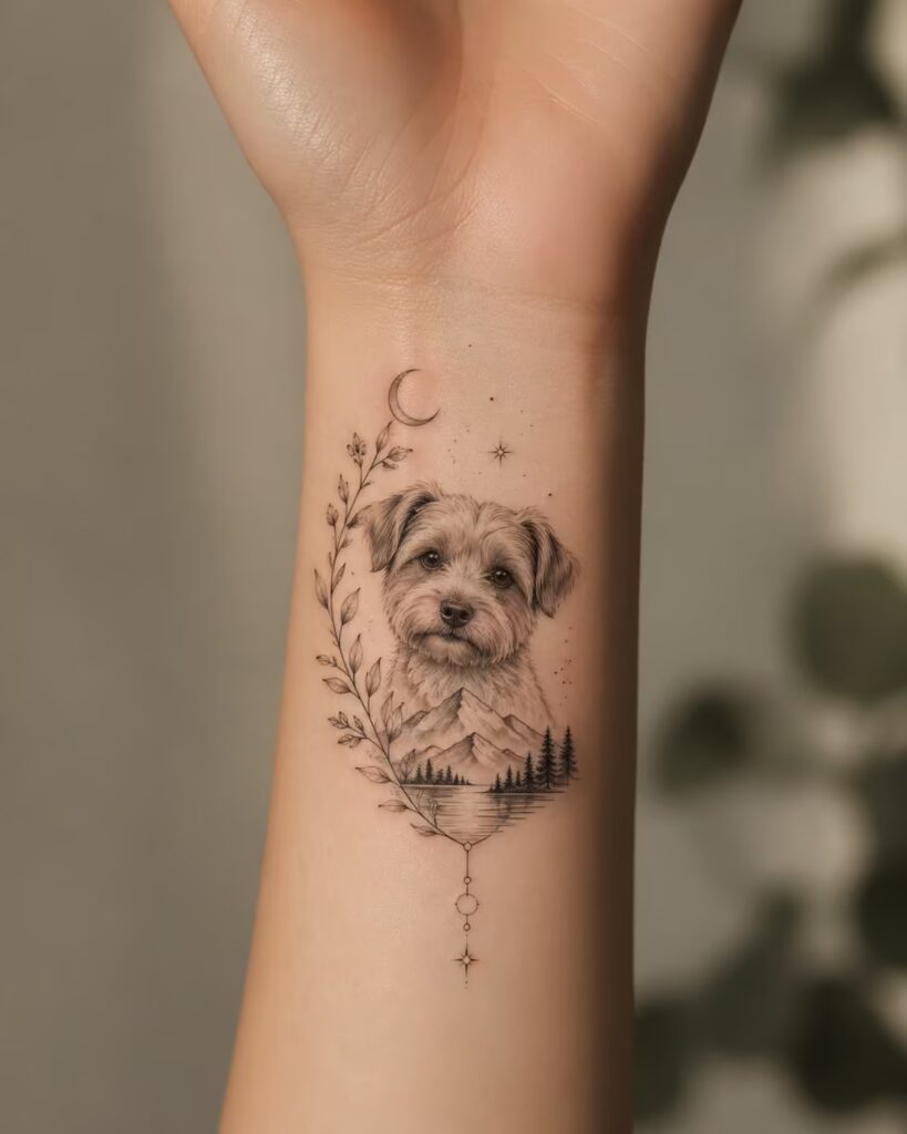 Pet Portrait Tattoos Combined With Nature or Symbols